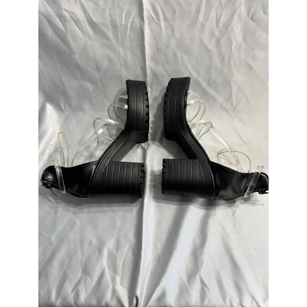 Womens Black Platform Lug Sole Sandals Clear Vinyl Straps Chunky Block Heel Y2K